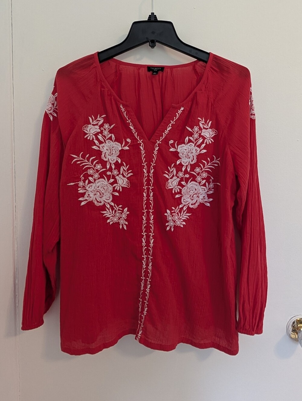 Talbots Red White Floral Embroidered Cotton Blouse Boho Peasant Cottagecore MP